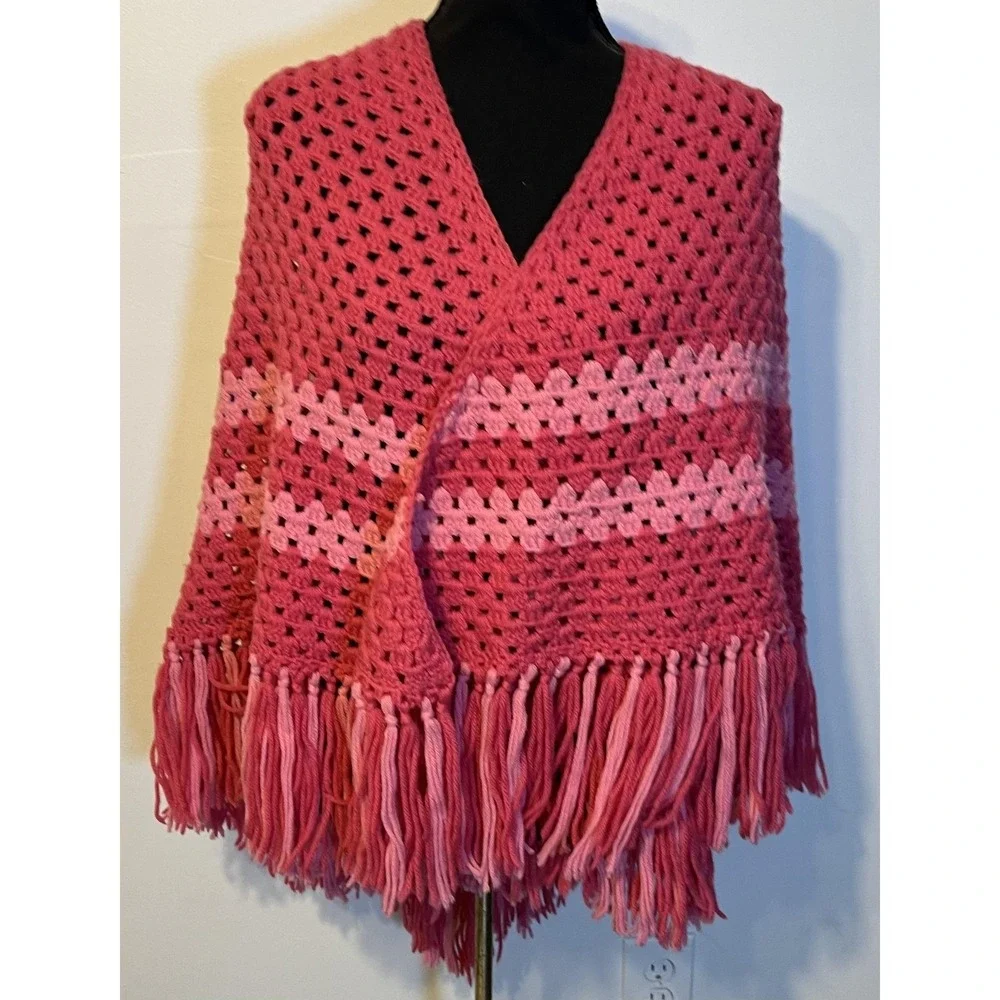 Crochet Shawl Wrap Womens One Size Pink Striped Fringe Boho‎ Handmade Poncho
